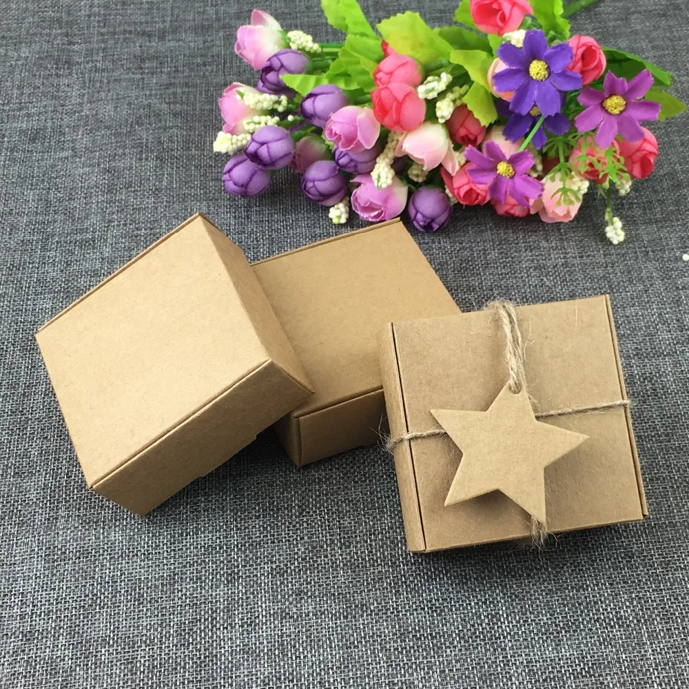 

50PC/Lot Kraft paper Jewelry Carry Case Gift Boxes With Pentagram Hang Tags Blank Power Box Accept Custom Logo 6.5*6.5*3cm