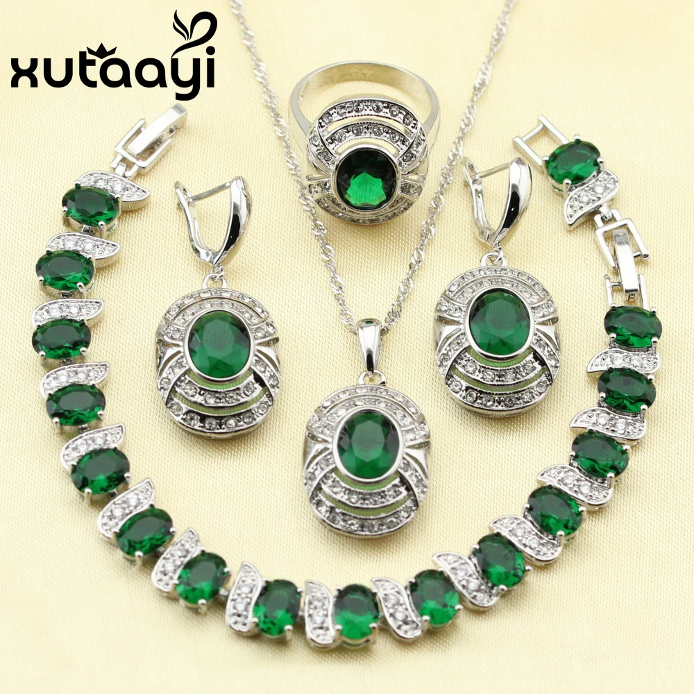 Cheerful  Silver Overlay Women Jewelry Set Green Created Emerald Four Piece Sets Ring Necklace Pendant Bracelet Earring