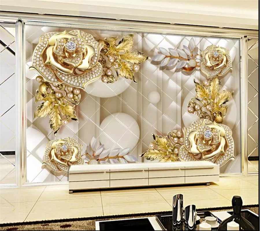 

wellyu papel de parede para quarto Custom wallpaper 3d luxury golden jewels flowers soft pack jewelry TV background wall