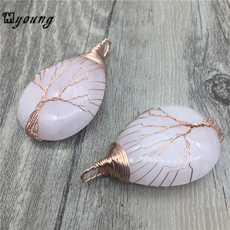 Water Drop Natural Pink Quartz crystal Pendant , Rose Gold Color copper Wire Winding Handmade charm pendant MY1427