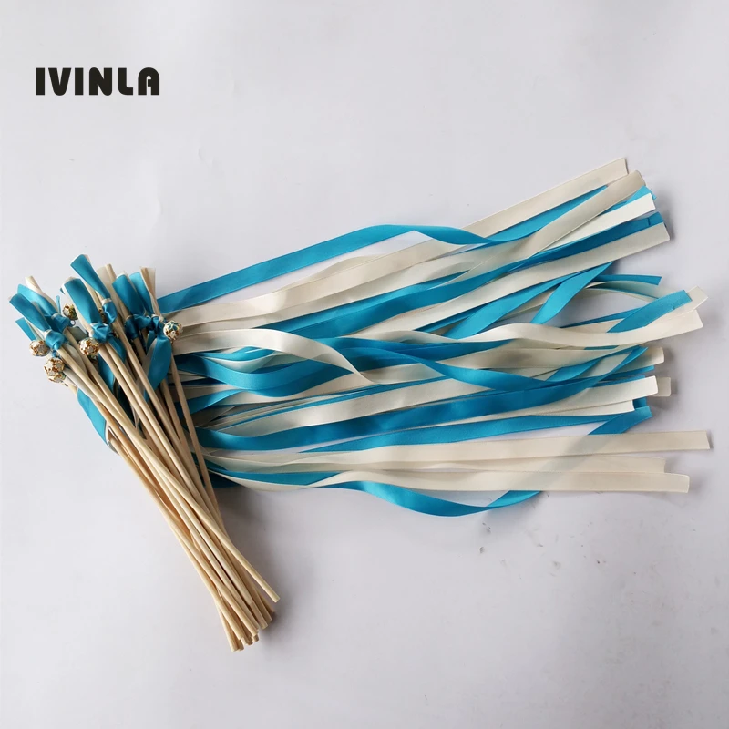 Newest 50pcs/lot blue wedding ribbon wands Sparklers fairy wands with colorfull bell for wedding