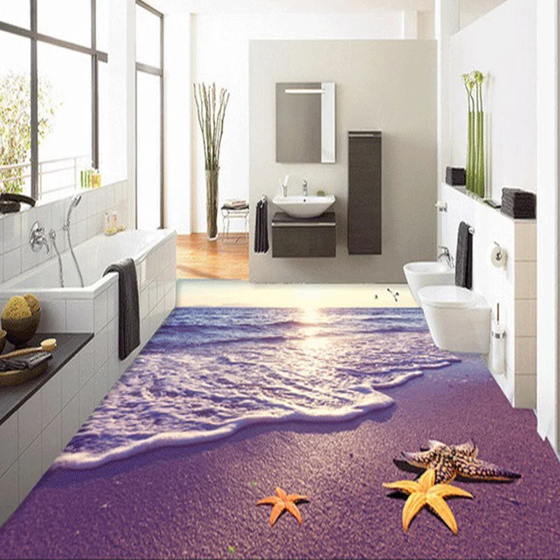 Custom Photo Wallpaper 3D Beach Ocean Wave Starfish Living Room Bathroom Floor Stickers Waterproof Self-adhesive Wallpaper Mural