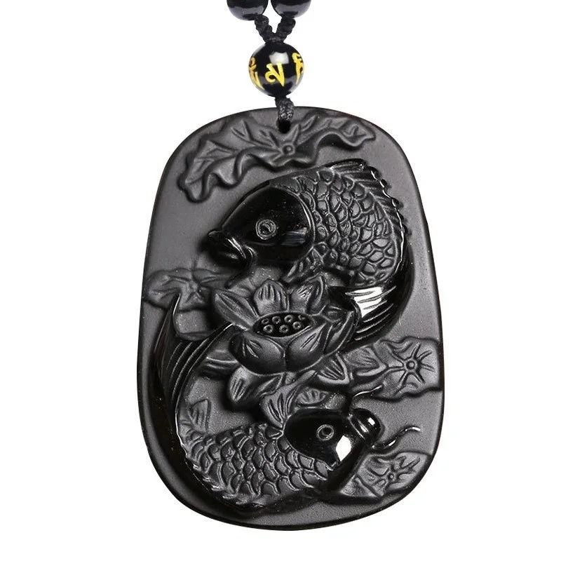 Fine carving Obsidian two fish and lotus black Obsidian pendant men's jewelry