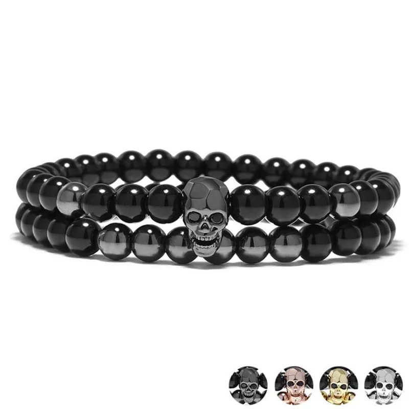 DIEZI One Sets 6mm Black Energy Yoga Skull Charm Bracelet For Men Women Natural Stones Buddhist Strand Beads Bracelets Jewelry