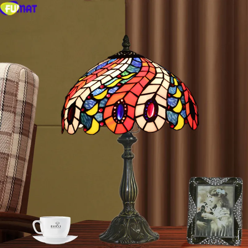 FUMAT Tiffanylamp Table Lamps Pteris Staiend Glass Lamp Shade For bedroom bedside Lamps LED Home Art Deco Marriage Desk Light