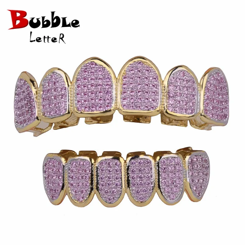 Hip Hop teeth Grillz Iced Out AAA Pink Color Zircon Fang Mouth Teeth Caps Top & Bottom Tooth Set Men Women Grills Jewelry