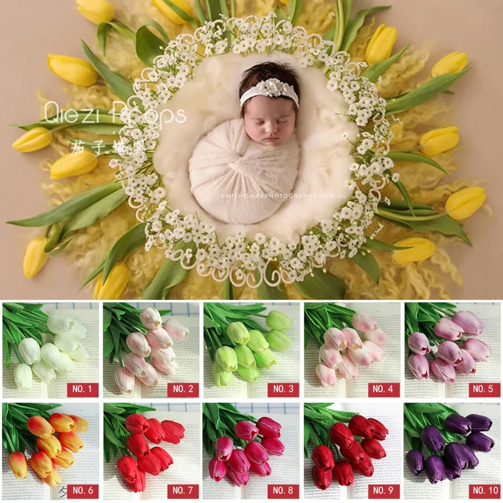 Plastic Tulip Artificial Flowers Baby Photo Shoot For Studio Flokati Newborn Photography Props Basket Accessories