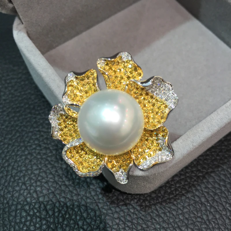 Anel de pérola natural, 18k, 15mm, south sea pérola, ouro com flor de diamante, frete grátis, aceita pedido, qualquer tamanho do anel