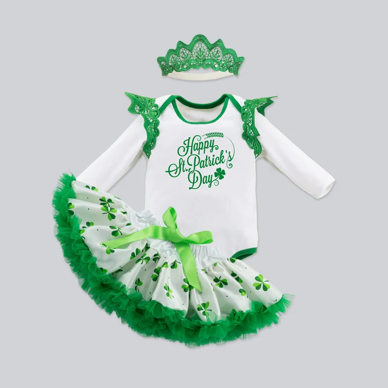 ST Patrick's Day Costume Baby Girls Outfit Bebe Kids Lace Romper Tutu Jumpsuit Overall Children Baby Infant Clothing 2PCS White