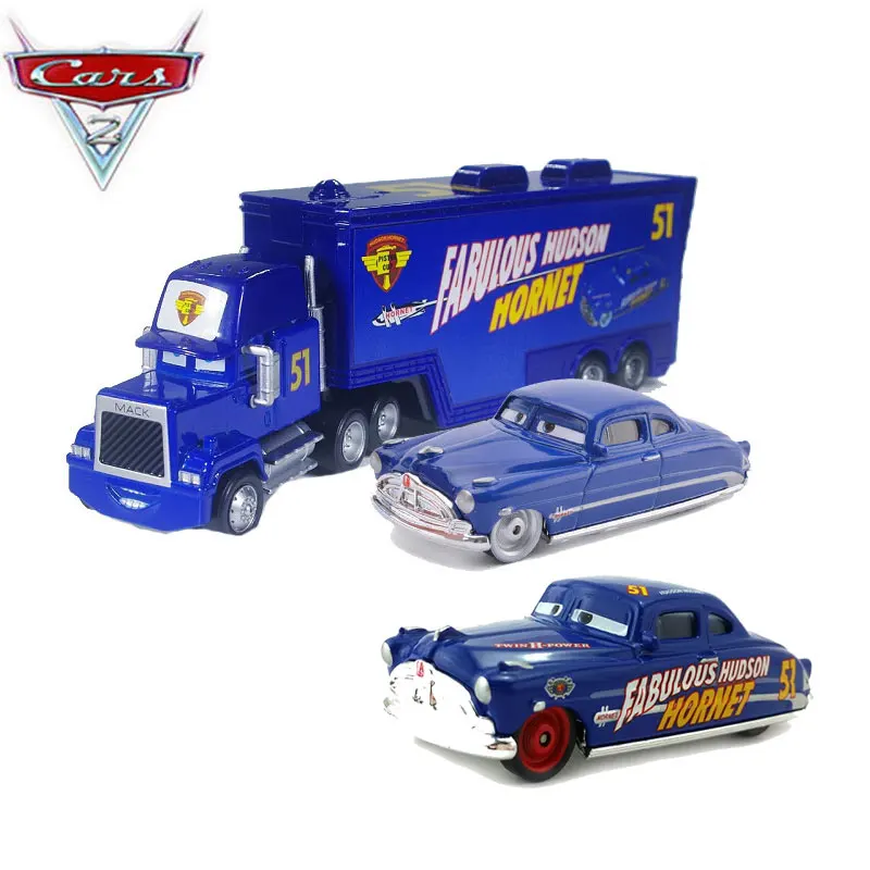 Todos los estilos Disney Cars 2 Doc Hudson y camión Mack azul escala 1:55 coches de colección de aleación de Metal fundido a presión para regalos de niños