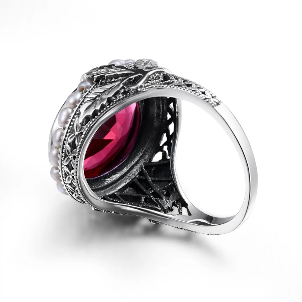 Anillo de plata de ley 100% con perlas naturales de agua dulce para mujer, sortija de circonia cúbica con piedras de rubí de laboratorio, elegante, para boda