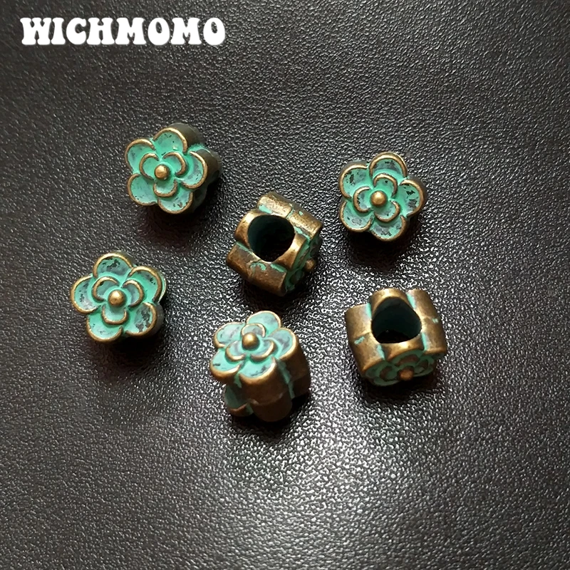 New Fashion 15pcs 9MM Zinc Alloy Green Round Flowers Big Hole Beads for DIY Bracelet Jewelry Accessories