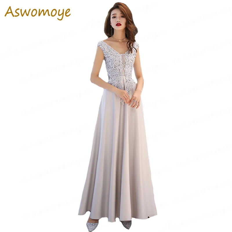 

Evening Dresses New Fashion 2019 Noble Elegant Prom Party Dress V-neck a Line Floor Length Silver Banquet Dresses Haute Couture