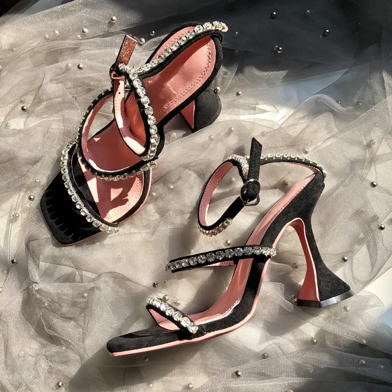Crystal One-Strap High Heel Strappy Shoes Woman Open Toe Strange Heel Summer Sandalias Jewelled Wedding Pumps Women