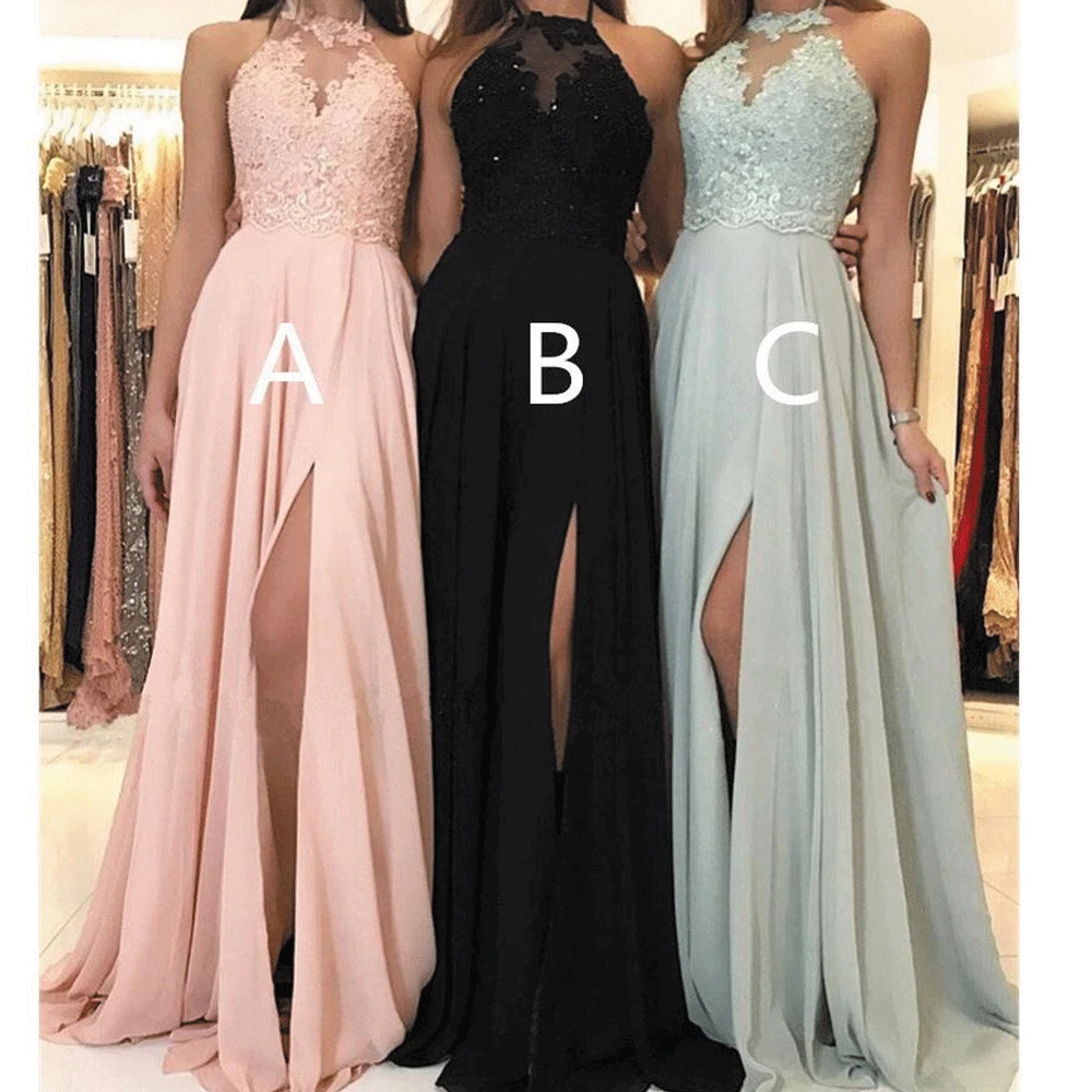 SuperKimJo Pink Lace Bridesmaid Dresses 2020 A Line Chiffon Beaded Sleeveless Halter Cheap Wedding Party Dress Robe De Soiree