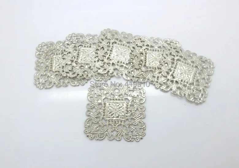 Free shipping-50Pcs Embellishment Filigree Connectors Square Silver Tone Metal Crafts Gift Decoration DIY Hollow 4x4cm J0556