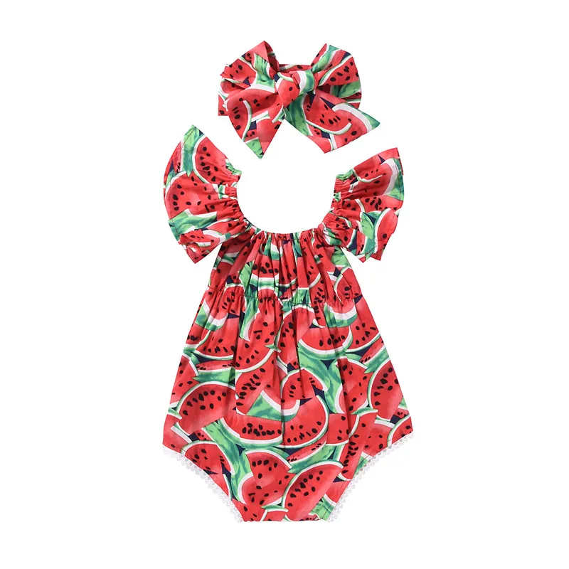 

Summer Watermelon Romper Infant Baby Girls lovely 2pcs flying sleeve Bodysuit Jumpsuit and headband set casual Outfits Sunsuit