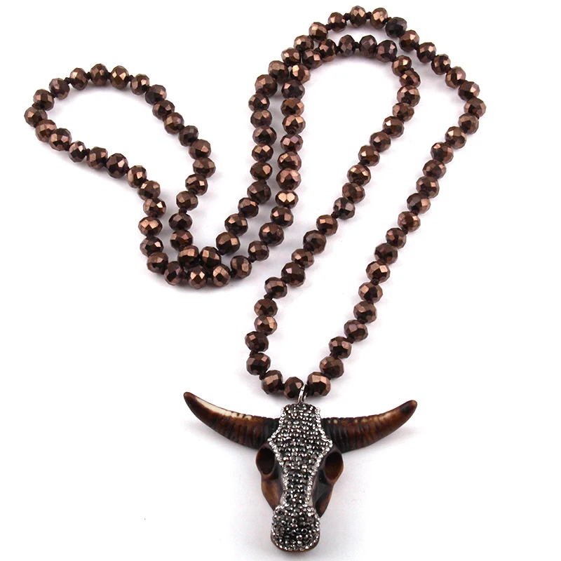 Fashion Glass Crystal Long Knotted Handmade Paved Bull Head Charm Pendant Necklace And Women Necklaces