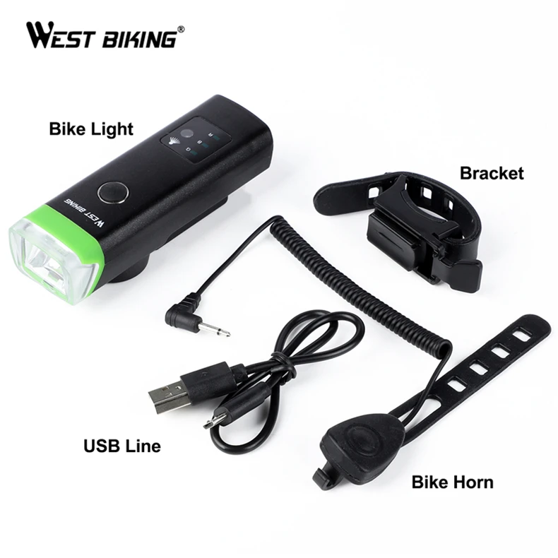 WEST BIKING Bicycle Light With Horn LED Front Flashlight USB Rechargeable Sensor Auto Bike Lamp MTB Road Bike Cycling Headlight