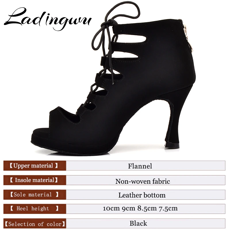 Ladingwu-tênis de dança feminino, sapatos confortáveis de flanela para salão de baile, tango, preto, 9cm, câmera