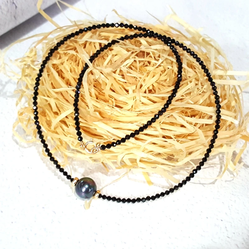 LiiJi Unique Choker Necklace Real Black Spinel Faceted Beads Tahitian Black Shell Pearl 925 Sterling Silver Gold Color Gift