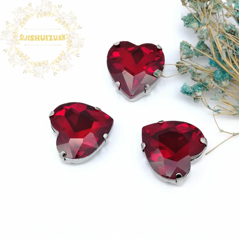 Best-selling! Glitter Red Heart Shape Glass Crystal Sew On Rhinestones With Four Claw Diy Wedding Dress Shoes