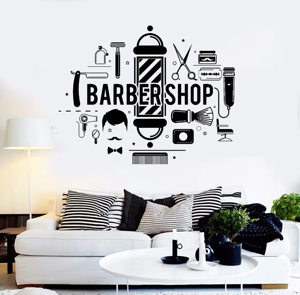 

Brush Razor Scissors Comb Moustache Grooming Barber Shop Beauty Salon Haircut salon Window Decal Wall Art Vinyl StickerB016