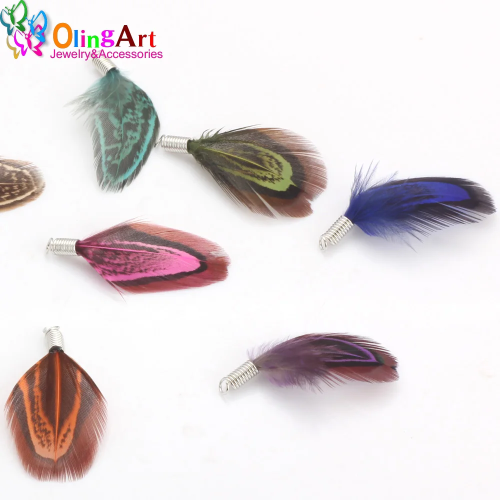 OlingArt-Plumes multicolores à motif naturel pour femmes, collier, boucles d'oreilles, glands, bijoux de bricolage, délicat, 35mm, 12 pièces par lot