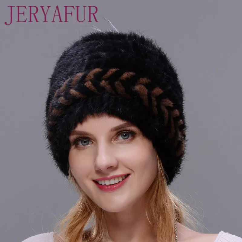 Winter Ear Warm Hat For Women Spiral-weave Knitting Cap Real Natural Mink Hat Top Opening With Fox Fur Around Two-color Match