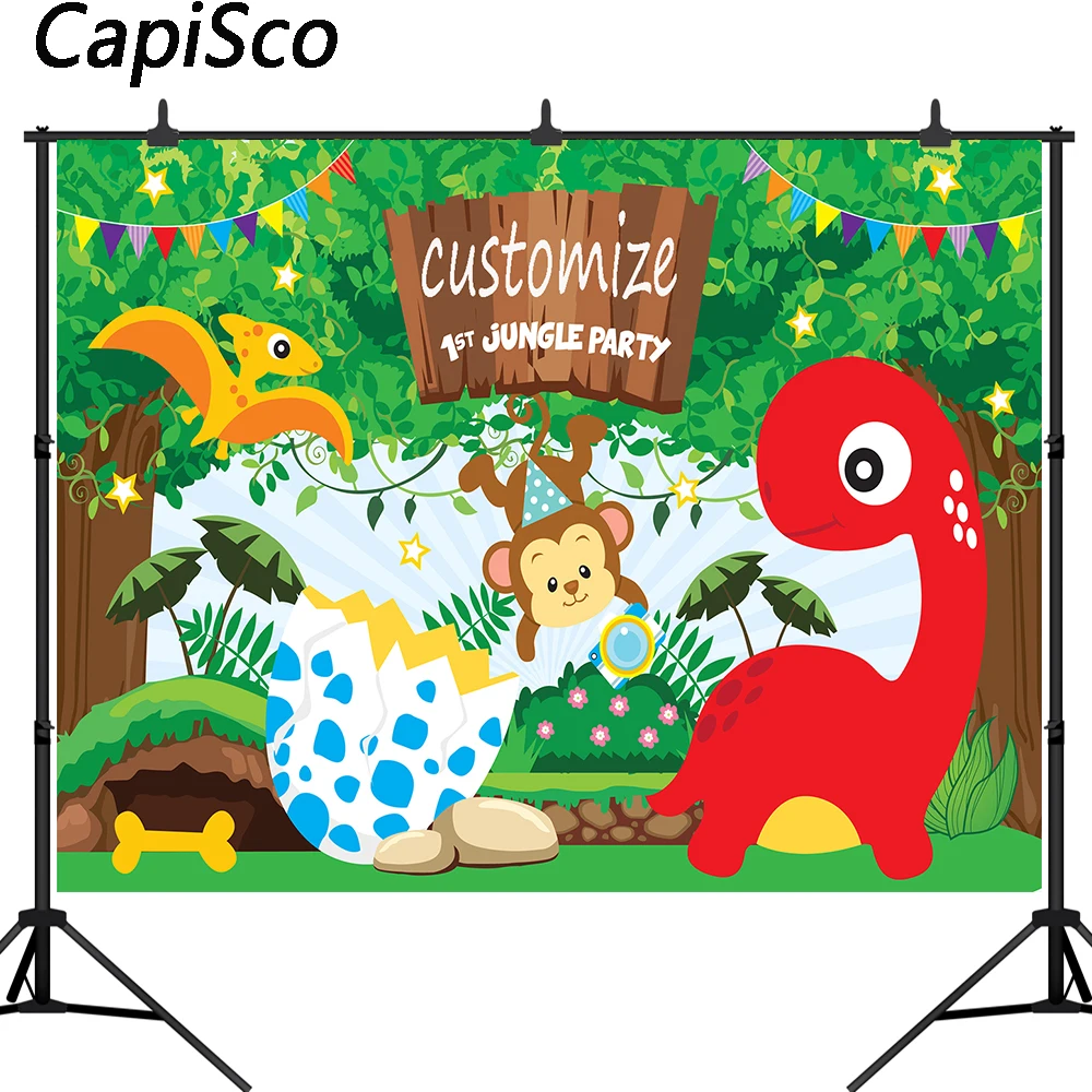 Capisco Dinosaur Theme Backdrop Birthday Party Photo Backdrops Green Leaves Woodland Cake Table Banner Photography Background