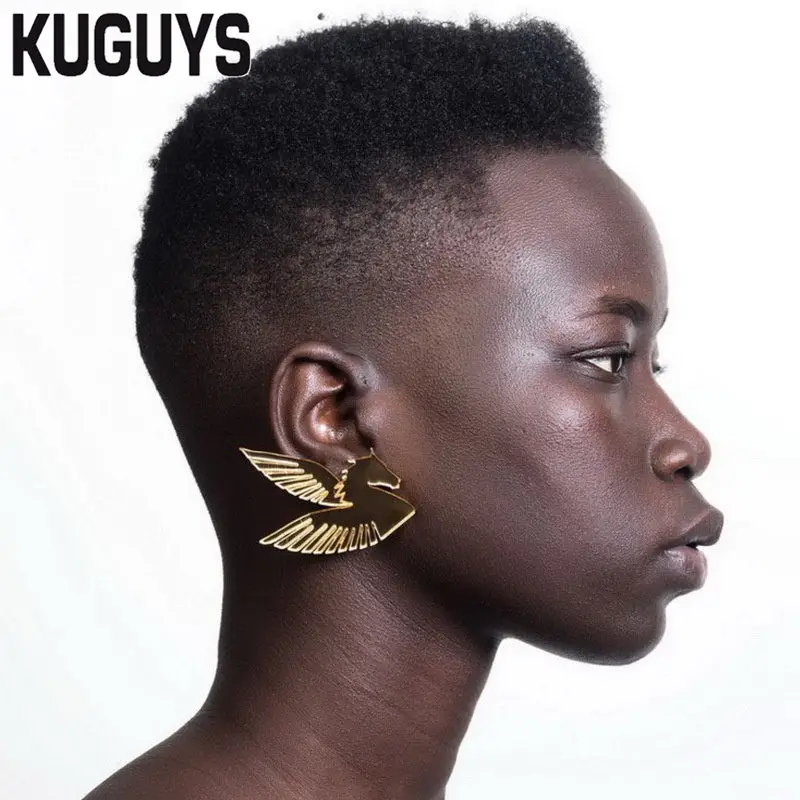 KUGUYS Flying Horse Pegasus Big Stud Earrings for Women Mirror Acrylic Gold Color Fashion Jewelry HipHop Hyperbole