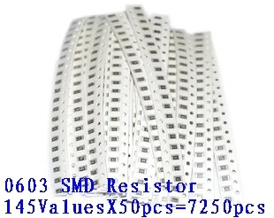 

0603 SMD комплект образцов резистора, 1R-1M 145valuesx50 шт = 7250 шт, Бесплатная доставка