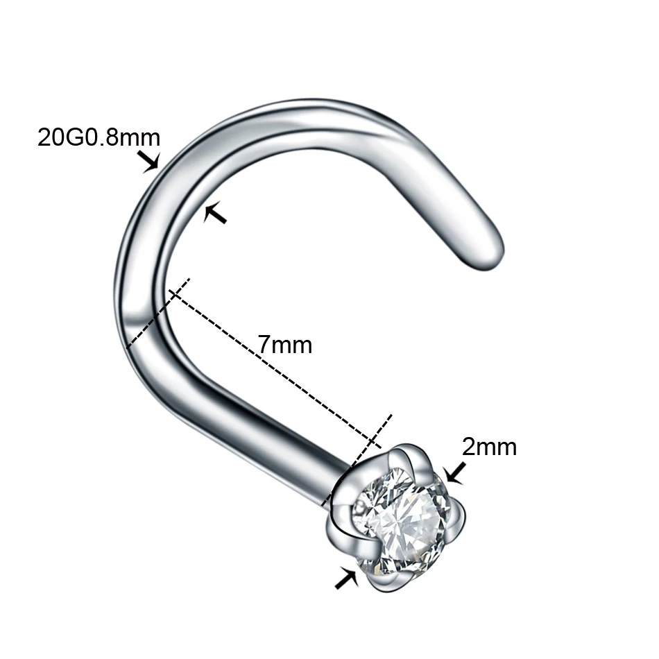 1PC Staal Crystal Gem L Vorm Neus Stud Piercings Neus Bot Schroef Nazir Piercing Neusgat Oorbel Piercings Sieraden 20G