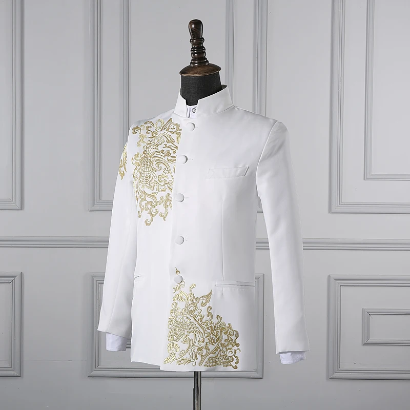 Chinese style Gold Embroidery Blazers Prom Host Stage Outfit Male Singer Teams Chorus Wedding Costume Black White Men\'s Suits