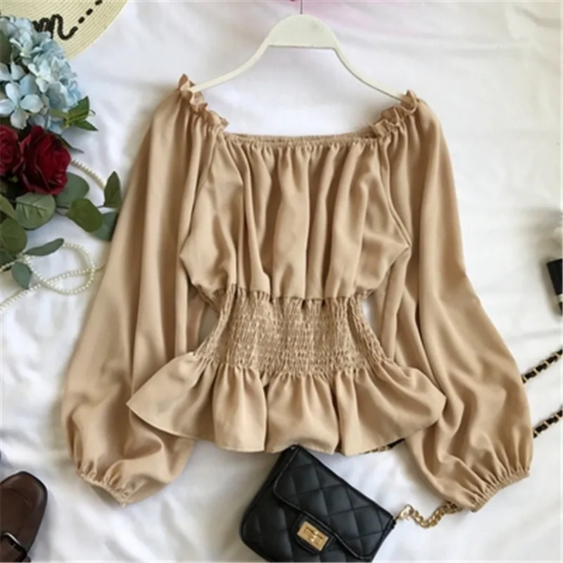 بلوزة وقمصان شيفون بأكمام فانوس للنساء ، قميص مثير بقصة ضيقة ، ياقة مائلة مع انتفاضات ، ملابس خارجية ، صيف 2019 #2