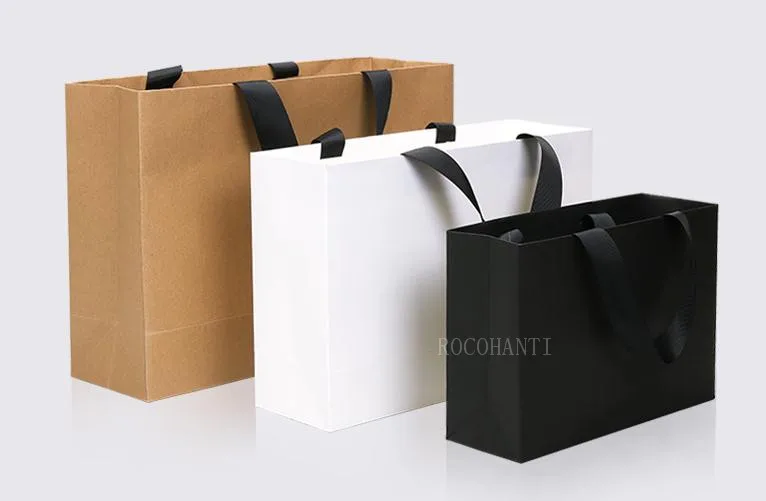 50pcs Custom Logo Paper Shopping Bag With Ribbon Handle for Clothing Gift Packaging Bag Sacola De Papel