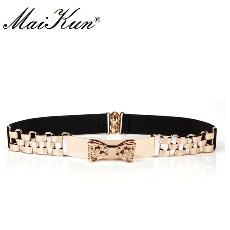 Maikun Elastic Belts for Women Stretchy Chain Bowknot Female Belt Golden Women Belt