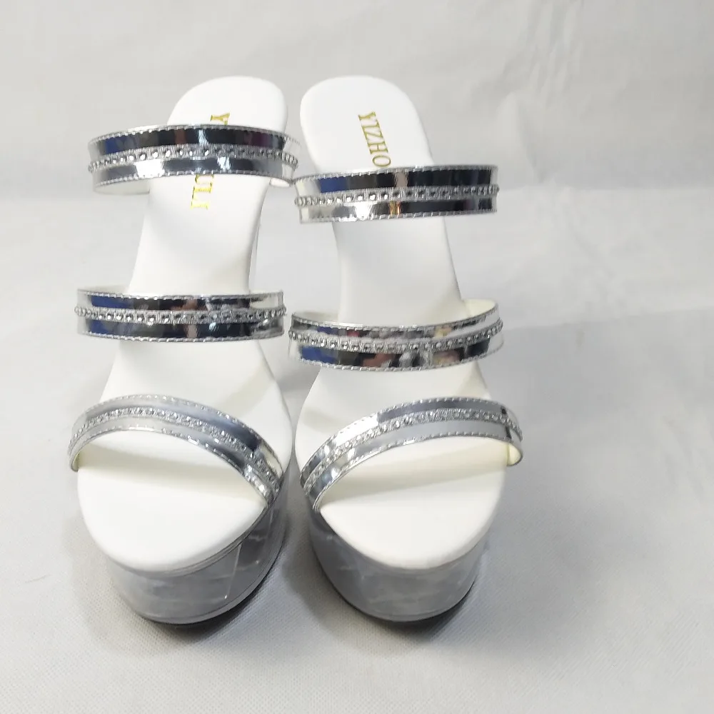 Professional pole dancing performance stylish sexy heels 15 cm silver vamp clear crystal sandals