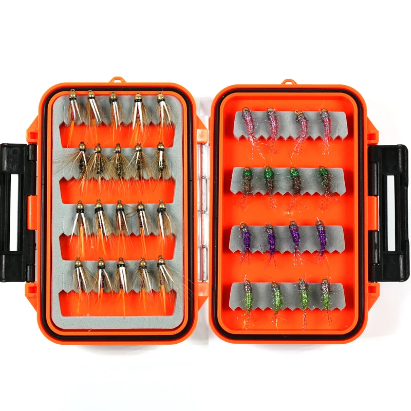 Bimoo 36pcs/box Trout Fly Fishing Brass Bead Head Prince's Nymph Red Copper John with Pocket Size Fly Box Grayling Flies