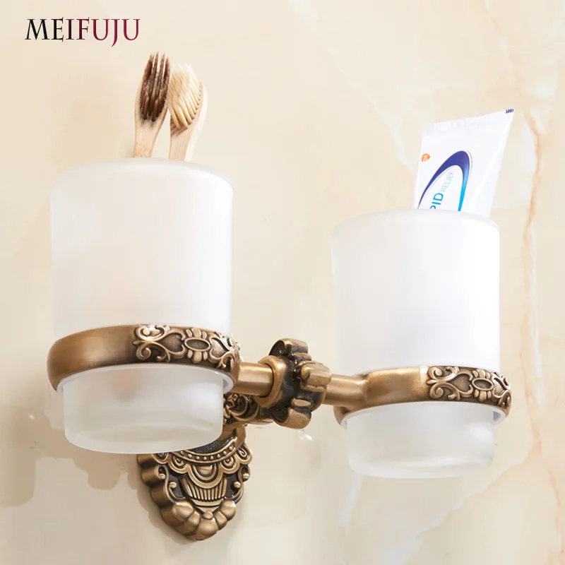 MEIFUJU Aluminum Antique Tumbler Toothpaste Toothbrush Holder with Double Ceramics Cups Tumbler Holders White Wall Mounted