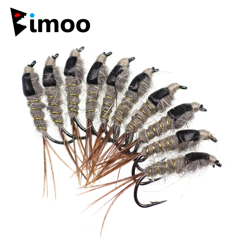 

Bimoo 10pcs Size 12 Grey Black Hare's Ear Nymph Fly Trout Fishing Classic Fly Bait