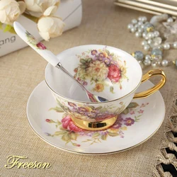 Sielankowe kwiatowe porcelana kostna filiżanka do herbaty ze spodkiem zestaw łyżek 200ml Cafe ceramiczna filiżanka do kawy elegancka zaawansowana porcelanowa filiżanka Dropshipping