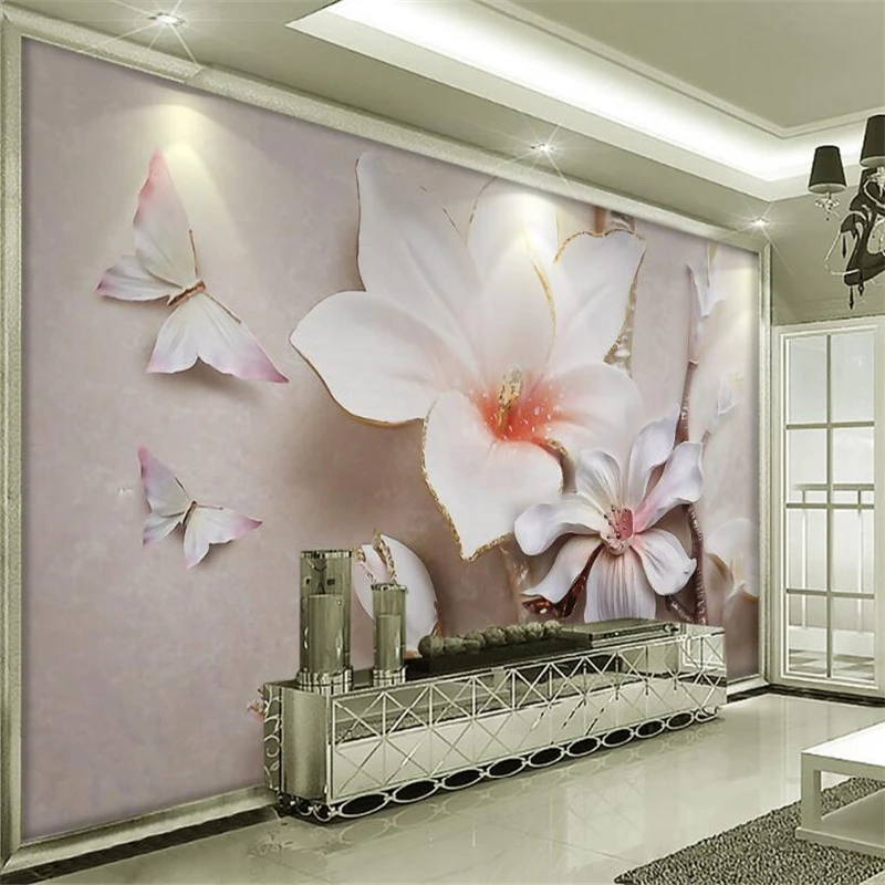 

Beibehang Fashion simple and elegant 3D stereo white magnolia relief background wall living room bedroom TV murals 3d wallpaper