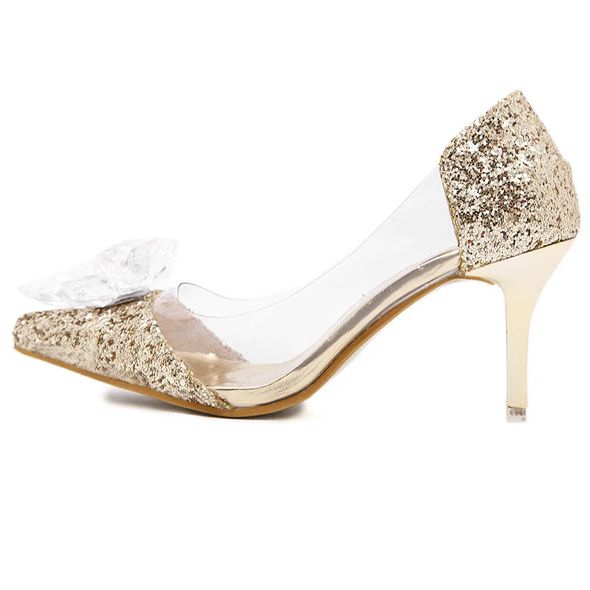 Plus Size Cinderella Shoes Low Heels Ladies Pumps Women Wedding Party Shoes Thin Heel Rhinestone Butterfly Crystal Dress Shoes