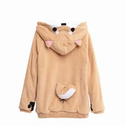 Shiba Inu Doge Kawaii Mooie Fluwelen Lange Mouwen Hooded Pluche Jas Cartoon Anime Stijl Warm Lady Winter Sweatshirt Kerst