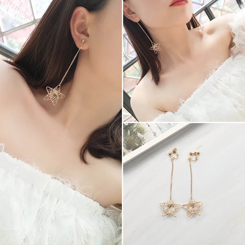 GRACE JUN Korea Style Clip on Earrings Without Pierced for Women Charm Long Star Fan Circle Geometric Tassel Screw Cuff Earrings