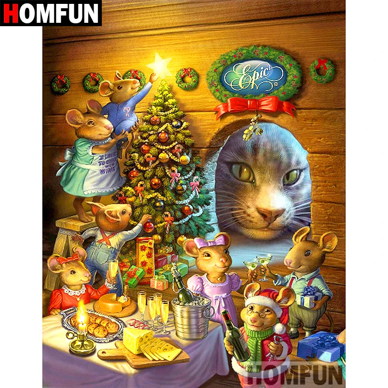 

HOMFUN Full Square/Round Drill 5D DIY Diamond Painting "Christmas cat mouse" 3D Embroidery Cross Stitch 5D Home Decor A15072