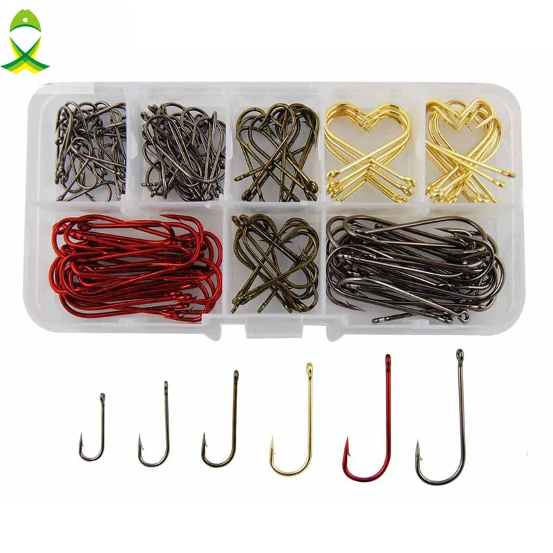 JSM 150pcs 9146 High Carbon Steel Fishing Hooks Red Black Gold Tea Aberdeen Bait Fishhooks Set With Box Carp Fishing Accessories