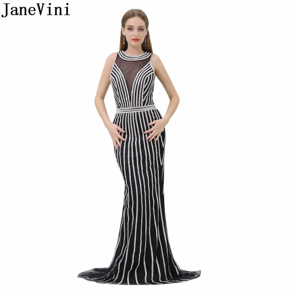 

JaneVini Sparkle Beading Black Long Bridesmaid Dresses Wedding Guest Dress Sleeveless Dubai Handmade Luxury Mermaid Prom Gowns