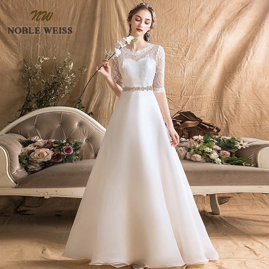 prom dresses organza a-line simple wedding dress sexy floor-length sashes bridal dresses with half sleeves lace wedding gown